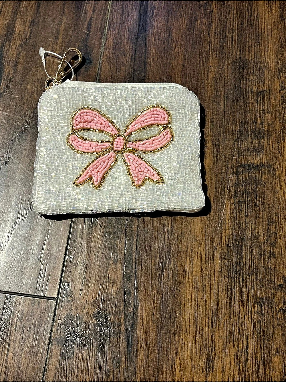 Beaded Bow Coin Purse in White & Pink